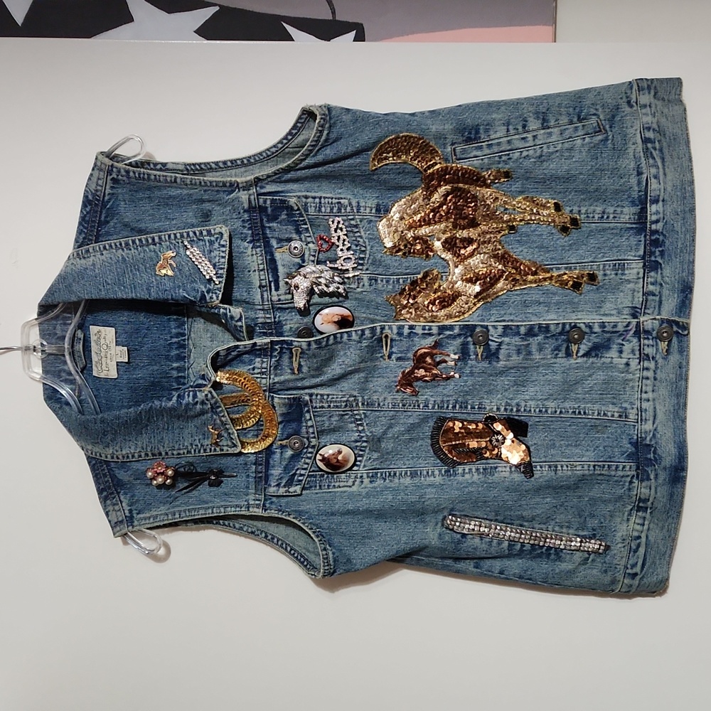 Art To Wear Horse Theme Vest Woman Lg Jeweled Denim
